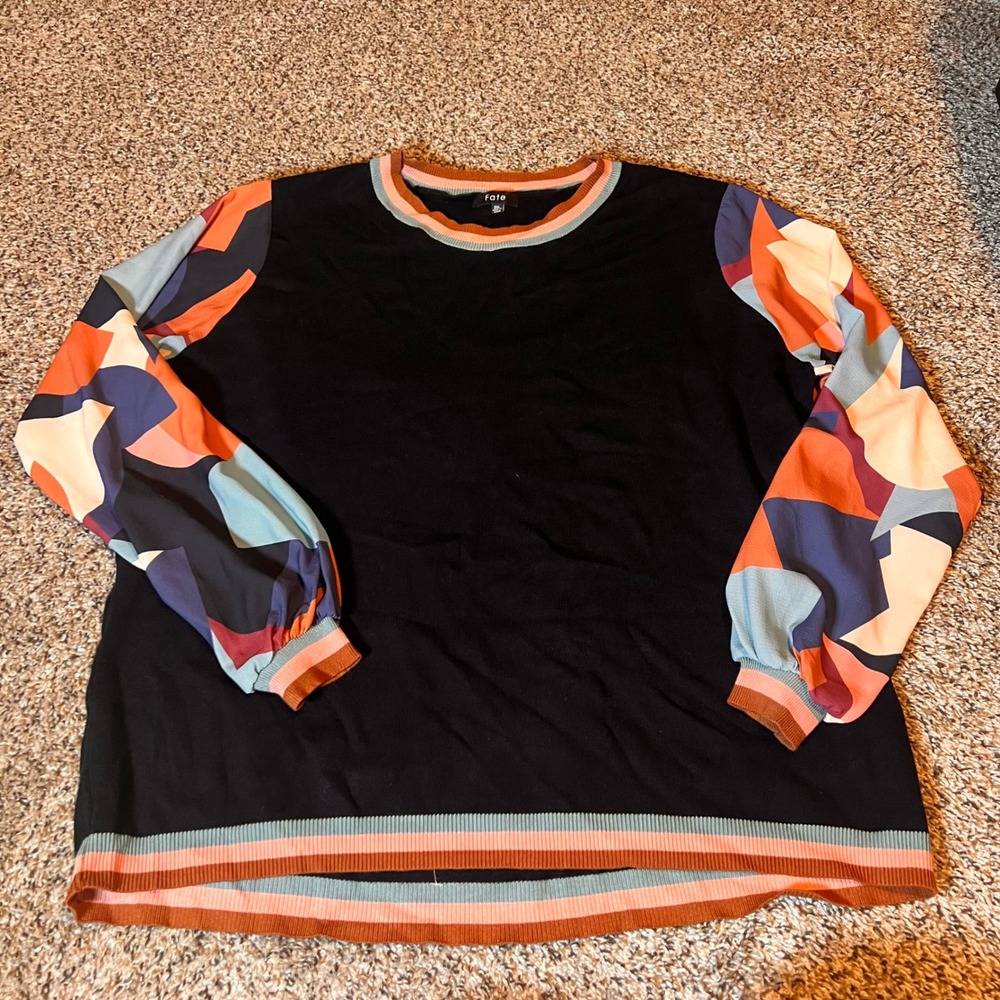 Fate Color Block Balloon‎ Sleeve Pullover Top Geometric Print 3XL